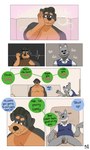 3:5 anthro balls black_body black_fur black_hair blush bottomless brown_body brown_fur canid canine canis chair clothed clothing comic dialogue dobermann domestic_dog duo english_text fred_(p_rindustries) fur furniture genitals grey_body grey_fur grin hair hand_on_cheek hi_res humanoid_genitalia humanoid_penis laugh male mammal musclegut muscular nipples one_eye_closed p_rindustries penis pinscher shirt sitting smile sofa teasing text topwear will_(p_rindustries) wink wolf