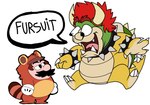 2022 anthro biped bowser canid canine clothing costume duo english_text facial_hair human humanoid_hands humor koopa lewdookami male mammal mario mario_bros mustache nintendo raccoon_dog scalie simple_background slightly_chubby surprise tanuki tanuki_costume tanuki_mario text white_background