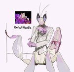 antennae_(anatomy) anthro arthropod arthropod_abdomen bow_accessory bow_ribbon clothed clothing flower_mantis glistening_eyelids hi_res insect jacket kogito lidded_eyes male mantis orchid_mantis real solo topwear