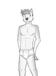 3:4 anthro biped black_nose blue_eyes briefs bulge canid canine canis clothed clothing fangs fur fuze grey_hair hair hands_behind_back hi_res looking_at_viewer luke_(texnatsu) male mammal nipples partially_clothed pose simple_background smile solo standing teeth texnatsu tighty_whities topless underwear white_background white_body white_briefs white_clothing white_fur white_underwear wolf