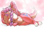 3:2 accessory anthro belly big_breasts blue_body blue_eyes blue_fur blush braided_hair breasts dragon elsprada female flower flower_in_hair fur hair hair_accessory horn long_hair long_tail lying mythological_creature mythological_scalie mythology on_side pink_body pink_fur pink_hair plant ro_(pixiv) scalie solo tail thick_thighs tongue tongue_out white_body white_fur wings