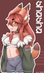 anthro breasts cheek_tuft cherry facial_tuft felid feline female food fruit green_eyes hair hi_res jewelry lynx mammal mochi-bunn necklace plant red_hair smile solo tail tuft yellow_sclera