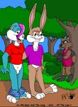 anthro binky_bunny_(rutwell) black_nose blue_body blue_fur bottomless bottomwear bottomwear_down breasts brown_body brown_fur buckteeth clothed clothing featureless_crotch female fettish_raccoon forest fur genitals gloves_(marking) group kthanid_(artist) lagomorph leg_markings leporid male mammal markings navel open_mouth outside pants pants_down partially_clothed pink_nose plant procyonid pussy rabbit raccoon randy_rabbit ring_(marking) ringed_tail rutwell_forest shirt shrub socks_(marking) striped_markings striped_tail stripes tail tail_markings teeth topwear tree trio