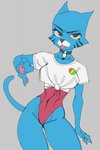 2019 4_fingers anthro bedroom_eyes black_eyes blep blue_body blue_fur breasts cartoon_network claws clothed clothing collar dancewear decorative_pin digital_media_(artwork) domestic_cat eyelashes felid feline felis female fingers fur gesture grey_background half-closed_eyes hand_gesture hi_res leotard looking_at_viewer lycoris mammal mature_anthro mature_female narrowed_eyes nicole_watterson pawpads paws portrait seductive shirt simple_background solo standing the_amazing_world_of_gumball thick_thighs three-quarter_portrait thumbs_down tied_shirt tongue tongue_out topwear wide_hips