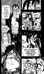 abs angry anthro breasts canid canine canis cleavage clothed clothing comic daigaijin dialogue domestic_dog english_text felid female fox fur furryfight_chronicles gantus_(furryfight_chronicles) group hair hi_res kalita_(furryfight_chronicles) leyline_(furryfight_chronicles) lion male mammal midriff monochrome pantherine procyonid raccoon text