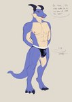 absurd_res anthro blue_body blue_scales clothing dialogue dragon english_text grove_(game) hi_res kuno_(regalbuster) lacsap_tong male muscular muscular_male mythological_creature mythological_scalie mythology nipples scales scalie shy solo tail text underwear