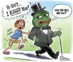 4chan amphibian anthro ben_garrison bow_(feature) bow_tie brown_hair business_suit cane clothed clothing clover_(plant) dialogue duo english_text flippers frog hair hat headgear headwear human male mammal matt_furie_(character) meme navel pepe_the_frog plant political_cartoon politics suit text top_hat