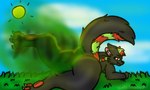 5:3 anthro artist_name big_butt black_body black_fur black_nose butt cloud colored dated dekudrunx17 digital_drawing_(artwork) digital_media_(artwork) fart fart_cloud fart_fetish farting_at_viewer fur grass green_body green_fur hi_res looking_at_viewer looking_back lying male mammal mephitid on_front outside pawpads peppermint_the_skunk plant raised_leg raised_tail red_body red_eyes red_fur red_pawpads shaded skunk solo sun tail