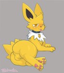 2023 artist_name balls big_ears blep blue_collar blush butt collar colored digital_drawing_(artwork) digital_media_(artwork) eeveelution fan_character feral generation_1_pokemon genitals grey_background hi_res jolt_(wm149) jolteon looking_at_viewer lying male nintendo on_side orange_eyes paws pokemon pokemon_(species) rear_view shaded signature simple_background solo tongue tongue_out zakiredlight