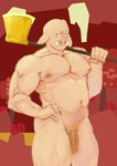 anthro axe biceps fangs genitals gold_axe hi_res male mammal microsoft minecraft mojang muscular muscular_anthro muscular_male netherlands netherrack nipples nude pecs penis pigeonpantonium piglin solo suina teeth xbox_game_studios