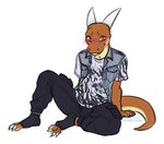 anthro black_bottomwear black_clothing black_pants blush bottomwear clothed clothing colored_sketch horn lostgoose male multicolored_body orange_body pants scalie simple_background sketch solo two_tone_body white_horn