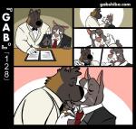 akita anthro bandage black_clothing black_suit bow_(feature) bow_tie brown_body brown_fur canid canine canis clothing comic domestic_dog eyes_closed fur gab_(comic) gabshiba grey_body grey_fur hand_holding husband husband_and_husband kissing male male/male mammal married married_couple mastiff molosser muscular muscular_male necktie pit_bull ruff_bull scar smile spitz suit voff_akita wedding white_body white_clothing white_fur white_suit