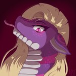 annoyed anthro blonde_hair cel_shading digital_media_(artwork) female feminine forked_tongue hair hi_res kiss_and_tell_(artist) looking_at_viewer pink_eyes pink_tongue pupils purple_body reptile scaled scales scalie shaded simple_background slit_pupils snake solo tongue tongue_out tsundere velouria_(oc)