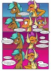 2023 absurd_res anthro blush bodily_fluids canon_x_oc comic cyan_sand_(oc) dialogue dragon duo elbow_jab english_text equid equine fan_character female feral friendship_is_magic happy hasbro hi_res horse interspecies male mammal my_little_pony mythological_creature mythological_scalie mythology pony scalie sketchy_skylar smolder_(mlp) sweat teeth text tongue