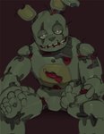 2023 animatronic anthro blood bodily_fluids digital_media_(artwork) five_nights_at_freddy's five_nights_at_freddy's_3 glistening_eyelids green_body hi_res joints kogito lagomorph leporid lidded_eyes machine male mammal on_model portrait rabbit robot scottgames sitting solo springtrap_(fnaf) teeth