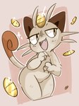 ambiguous_gender coin digital_media_(artwork) domestic_cat felid feline felis generation_1_pokemon glint gold_(metal) gold_coin half-closed_eyes iceeon mammal meowth narrowed_eyes nintendo pokemon pokemon_(species) simple_background solo standing