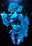 2019 abstract_background anthro avian beak big_breasts bird black_sclera blue_body blue_eyes blue_feathers bluewolfartista bottomwear breasts cellphone clothed clothing electronics feather_hair feather_hands feathers female hi_res legwear looking_at_viewer meme navel nipple_outline phone pseudo_hair short_pants solo stockings topwear tweetfur twitter