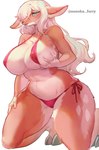 2_toes 5_fingers anthro artist_name aurora_(osaki_eru) big_breasts bikini biped black_nose blue_eyes breasts clothed clothing deer eyebrows eyelashes feet female female_anthro fingers fur hair hand_on_breast hand_on_leg hand_on_thigh hi_res holding_breast kneeling long_hair looking_at_viewer mammal multicolored_body navel nonoka917 orange_body orange_fur red_bikini red_clothing red_swimwear simple_background small_nose solo swimwear toes two-piece_swimsuit two_tone_body white_background white_body white_fur white_hair