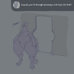 1:1 2024 3_toes ambiguous_gender anthro big_ears big_tail biped black_body black_feet black_fur black_tail breaking_in digitigrade dimitry_(itisd) dimka_(itisd) doorway english_text featureless_crotch feet front_view fur hand_on_leg hands_on_legs hi_res huge_hips humor hyper hyper_hips itisd9 male_(lore) navel nude q&a question_mark smile smirk solo standing tail text thick_thighs toes tuft wall_(structure) wide_hips