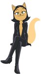 2022 alternate_hairstyle anthro black_hair boots clothing dbaru domestic_cat felid feline felis female footwear fur green_eyes hair hi_res high_heeled_boots high_heels inner_boob jumpsuit kitty_katswell mammal nickelodeon open_jumpsuit shoes simple_background sitting solo t.u.f.f._puppy tan_body tan_fur white_background