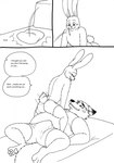 2023 anthro bed bernielover blush boxers_(clothing) bulge butt canid canine clothed clothing comic detailed_bulge dialogue disney duo english_text erection erection_under_clothing eye_contact fan_character fox furniture genital_outline gideon_grey hi_res lagomorph leporid looking_at_another lying male male/male mammal monochrome nate_hopps on_back on_bed penis_outline rabbit red_fox romantic romantic_couple shirt sitting_on_another smile speech_bubble tail tail_motion tailwag tank_top tenting text topless topwear true_fox underwear underwear_only zootopia