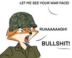 Rating: s
ID: 4475534
Date: 2023-12-16 03:34:52 -0500
Status: active
Score: 47
angry anthro armor army army_helmet army_uniform black_nose camo camo_clothing camo_print canid canine clothing ears_down english_text f4ephantomii female fox full_metal_jacket fur headgear helmet looking_sideways mammal military_uniform movie_reference multicolored_body offscreen_character open_mouth orange_body orange_fur pattern_clothing pivoted_ears profanity solo text tongue two_tone_body uniform united_states_of_america war_face white_body white_fur yelling post #4475534