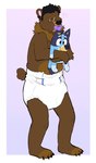 ageplay anthro bear black_hair bluey_(series) bluey_heeler brown_body brown_fur claws clean_diaper clothed clothing diaper diaper_only fur hair half-closed_eyes hi_res holding_object holding_plushie male mammal narrowed_eyes object_in_mouth pacifier pacifier_in_mouth pink_background plushie purple_background roleplay simple_background slusheep solo standing toe_claws topless wearing_diaper white_background