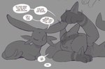 anthro dialogue dot_eyes duo ear_grab eeveelution english_text espeon feral generation_2_pokemon generation_4_pokemon greyscale long_ears lucario lying male monochrome nintendo one_eye_closed paws pokemon pokemon_(species) samu_(sincastermon) sincastermon talking_to_another telek_(sincastermon) text