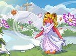 anthro avian bird blonde_hair blue_sky clothing club_penguin cross day dress drill_curls eyes_closed female flower grass hair mountain outside penguin petals pink_body pink_flower pink_skin plant relampago686 shrub sky sleeveless_dress snow solo standing white_clothing white_dress