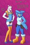 2:3 anthro asriel_dreemurr balls blush bodily_fluids boots boss_monster_(undertale) bottomwear chastity_cage chastity_device clothed clothing crop_top denim denim_bottomwear denim_clothing dracozhilla duo english_text female femboy footwear fur_boots genitals hair hands_on_hips hi_res humanoid jeans larger_male leggings legwear locktober male male/female mammal martlet_(undertale_yellow) overalls pants shirt shoes size_difference skinny socks stylized_chastity_cage sweat tank_top text tool_belt topwear undertale undertale_(series) undertale_yellow