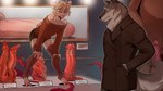 anthro blake_(furlough_games) bovid canid canine canis caprine daddy_kink dildo double_dildo duo erection femboy foggy_capybara furlough_games furry_shades_of_gay genitals gesture goat hi_res male male/male mammal museum penis percy_(furlough_games) sex_toy suggestive suggestive_gesture suggestive_look suggestive_pose wolf