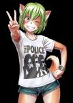 2016 alpha_channel andy_summers anthro bottomwear breasts canid canine canis clock clothed clothing colored_nails contrapposto denim denim_clothing domestic_dog fangs female front_view fully_clothed fur gesture green_eyes green_hair grin hair hand_gesture hand_on_hip head_tilt humanoid_hands inner_ear_fluff looking_at_viewer mammal mascot nails one_eye_closed orange_body orange_fur outstretched_arm portrait shirt short_hair shorts simple_background small_breasts smile solo standing stewart_copeland sting_(musician) t-shirt tareme teeth tewatasanaiinu text the_police_(band) three-quarter_portrait topwear transparent_background tuft v_sign watch white_clothing white_shirt white_topwear wink wokada wristwatch