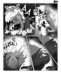 ?! all_fours anthro bodily_fluids bottomwear butt claws clothing comic digitigrade english_text fangs finger_claws forced forced_transformation generation_7_pokemon gloves_(marking) greyscale growth hi_res leg_markings lycanroc male markings mid_transformation midnight_lycanroc monochrome nintendo open_mouth pants pokemon pokemon_(species) right_to_left shaded snout socks_(marking) solo species_transformation tail tail_burst tail_growth tail_growth_in_pants tail_tenting tears teeth text toe_claws tongue tongue_out torn_bottomwear torn_clothing torn_pants toshabi transformation transformation_sequence transformation_through_technology visor