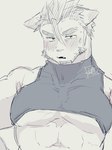 3:4 abs anthro blush clothing crop_top embarrassed eyebrows facial_hair hi_res lifewonders live_a_hero male muscular muscular_anthro muscular_male nina27_sg pecs shirt sketch solo sweater thick_eyebrows topwear tsuneaki turtleneck