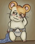 absurd_res anthro atotom912 blush bulge clothed clothing cricetid diaper diaper_fetish diaper_only digital_media_(artwork) erection erection_in_diaper fur groggy hair hamster hamtaro hamtaro_(series) hi_res looking_at_viewer male mammal morning morning_wood orange_body orange_fur rodent simple_background solo tenting tired topless waking_up wearing_diaper white_body white_fur