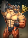 2023 abs anthro barazoku bedroom_eyes biceps big_muscles biped brown_body brown_fur clothing english_text fur gas_mask glaucablitz gloves handwear hi_res hyena latex latex_clothing latex_gloves latex_handwear lethal_company looking_at_viewer male mammal mask muscular muscular_anthro muscular_male narrowed_eyes pecs seductive solo talking_to_viewer text