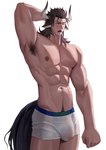 abs absurd_res animal_humanoid arknights armpit_hair body_hair bovid bovid_humanoid bovine bovine_humanoid boxer_briefs brown_hair bulge cattle_humanoid clothed clothing detailed_bulge genital_outline hair hi_res horn humanoid hypergryph male mammal mammal_humanoid matterhorn_(arknights) muscular muscular_male one_eye_closed open_mouth pecs penis_outline portrait pubes simple_background solo studio_montagne tail three-quarter_portrait topless translucent translucent_clothing underwear underwear_only white_background xiaohong723 yawn