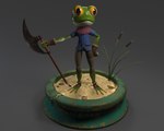 2018 3_toes 3d_(artwork) 4_fingers 5:4 amphibian anthro autodesk_maya_(artwork) belt belt_buckle blue_clothing blue_shirt blue_topwear blue_tunic bottomwear brown_belt brown_bottomwear brown_clothing brown_footwear brown_gloves brown_handwear brown_pants buckle cattail_(plant) closed_smile clothed clothed_anthro clothed_male clothing colored digital_media_(artwork) english_description feet fingerless_gloves fingers footwear frog gloves gorka_fujimoto_holgado green_body green_skin grey_background grey_body grey_skin halberd hand_on_hip handwear holding_halberd holding_melee_weapon holding_object holding_polearm holding_weapon male male_anthro melee_weapon mouth_closed multicolored_body multicolored_skin orange_eyes pants partially_submerged pedestal plant polearm red_scarf sand scarf shaded shirt simple_background smile solo standing substance_painter_(artwork) toes topwear tunic two_tone_body two_tone_skin warrior water weapon zbrush_(artwork)