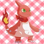 1:1 apron biped breezer_marais charmeleon claws clothing countershade_torso countershading digital_media_(artwork) eyewear fan_character feral finger_claws fire flaming_tail generation_1_pokemon glasses green_eyes hi_res male mostly_nude nintendo pattern_background pink_background plaid plaid_background pokemon pokemon_(species) pokemon_mystery_dungeon reallydarkandwindie red_body red_scarf reptile scalie scarf simple_background smile solo spike_chunsoft spread_arms tail tan_body toe_claws wanderlust white_claws