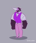 2021 5:6 absurd_res anthro artist_name avian bird bottomwear bow_tie clothing colored_line_art colored_sketch deltarune fan_character fist full-length_portrait grey_background hi_res male mask melaisen muscular muscular_anthro muscular_male pants pink_bottomwear pink_clothing pink_pants portrait purple_bow_tie purple_clothing purple_line_art purple_topwear purple_vest shadow simple_background sketch solo standing swatchling topwear undertale_(series) vest