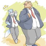 1:1 2012 anthro belly black_nose blue_body blue_fur blush bottomwear brown_body brown_fur canid canine canis clothing domestic_dog duo emufu eyes_closed fur kemono male mammal necktie overweight overweight_male pants shirt topwear white_body white_fur