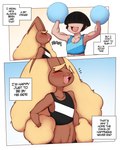 absurd_res anthro brown_body cheerleader clothed clothing comic crossdressing dialogue english_text femboy generation_4_pokemon hi_res human laugh lopunny male mammal midriff nintendo pokemon pokemon_(species) saltyxodium text