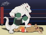 albino anthro bottomwear bovid boxing caprine clothing crocodile crocodilian duo gloves goat handwear hi_res knockout male mammal reptile sagadreams scalie shorts sport