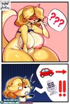 2024 animal_crossing anthro areola bedroom big_breasts big_butt blush bodily_fluids breasts butt canid canine canis cellphone chibi clothing comic digital_media_(artwork) domestic_dog electronics emoji english_text eyes_closed female frozenartifice fur hair hi_res holding_object isabelle_(animal_crossing) mammal nintendo nipples nude onomatopoeia open_mouth panicking phone pubic_stubble shih_tzu shirt_pulled_up simple_background sitting smartphone solo sound_effects speech_bubble sweat tail text thick_thighs topwear toy_dog yellow_body yellow_fur