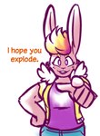 2023 allison_goleta anthro clothing female gesture hand_gesture happy hi_res jacket lagomorph leporid mammal orange_text pointing pointing_at_viewer purple_clothing purple_eyes purple_shirt purple_topwear rabbit shirt simple_background solo super_lesbian_animal_rpg text topwear white_background winguthings