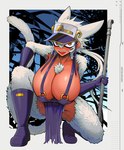 accessory apron apron_only areola areola_slip armpit_hair big_breasts blush body_hair boots breasts cleavage clothed clothing dark_body dark_skin fangs female footwear fur g_tsurimasu gloves hair handwear haplorhine hat headgear headwear hi_res huge_breasts mammal metal_pipe monkey muscular muscular_female primate pubes red_eyes shoes side_boob smile tail teeth tomboy visor_cap white_body white_fur white_hair