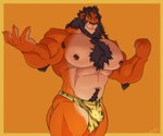 2021 abs anthro armpit_hair big_muscles black_hair body_hair bottomwear bulge chest_tuft clothed clothing disney facial_hair felid green_eyes hair hand_out happy_trail huge_muscles jabuhusky lion loincloth male mammal mane muscular muscular_anthro muscular_male navel nipples orange_body pantherine pecs pose scar_(the_lion_king) simple_background solo the_lion_king topless tuft