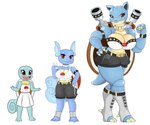 anthro big_breasts blastoise blue_body bottomwear breasts brown_eyes cannon clothing dress female generation_1_pokemon group hi_res huge_breasts nintendo pokemon pokemon_(species) ranged_weapon red_eyes shell shirt shorts shoulder_cannon simple_background squirtle tail topwear trio urusee584 wartortle weapon white_background