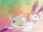 4:3 abstract_background absurd_res ambiguous_gender balthysstuff duo eeveelution eyes_closed generation_6_pokemon generation_7_pokemon hi_res nintendo one_eye_closed pokemon pokemon_(species) ribbons simple_background smile sylveon togedemaru wink