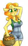 2015 anthro anthrofied balddumborat basket blush breasts carrot carrot_top_(mlp) cleavage clothed clothing container earth_pony equid equine female food friendship_is_magic hair hasbro hi_res horse mammal my_little_pony orange_hair overalls plant pony portrait solo three-quarter_portrait vegetable